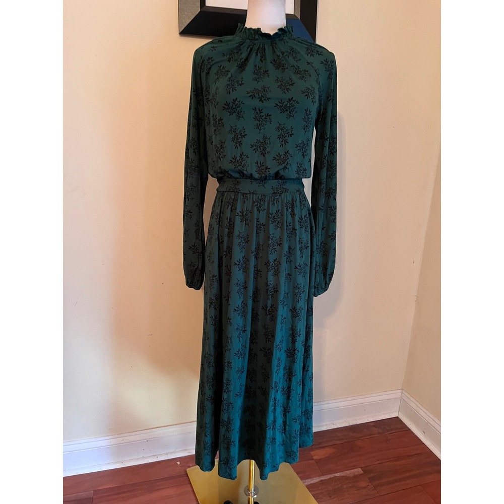 Boden Green Floral Ruffle Neck Midi Dress Long Sleeve US 4R - Picture 2 of 9